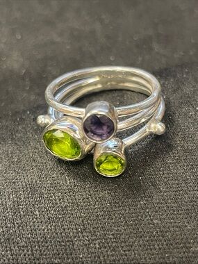 Sterling Silver Trio Gemstone Stack Ring in Green and Purple